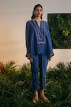 Buy_Shikha Mehta_Blue Silk Chanderi Embroidered Thread Round V Ima Flared Top And Pant Set _Online_at_Aza_Fashions