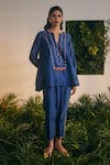 Shop_Shikha Mehta_Blue Silk Chanderi Embroidered Thread Round V Ima Flared Top And Pant Set _Online_at_Aza_Fashions