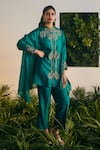 Shikha Mehta_Green Silk Chanderi Embroidered Thread High Round Keisha Tunic Pant Set_at_Aza_Fashions