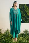 Shop_Shikha Mehta_Green Silk Chanderi Embroidered Thread V Neck Meher Kaftan Tunic Pant Set _at_Aza_Fashions