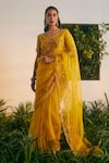 Shop_Shikha Mehta_Yellow Silk Organza Embroidered Thread Navya Placement Floral Saree With Blouse_at_Aza_Fashions