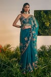 Shikha Mehta_Blue Silk Organza Embroidered Thread Sweetheart Zina Saree With Blouse_Online_at_Aza_Fashions