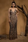 Buy_Ambrosia_Beige Shell  100% Nylon Mesh Hand Embellished Sequins Cowl Neck Scallop Gown _at_Aza_Fashions