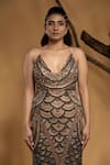 Buy_Ambrosia_Beige Shell  100% Nylon Mesh Hand Embellished Sequins Cowl Neck Scallop Gown _Online_at_Aza_Fashions