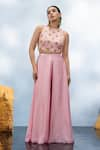 Buy_Mona and Vishu_Pink Dupion Silk Embroidery Floret Crystal Embellished Crop Top With Palazzo _at_Aza_Fashions