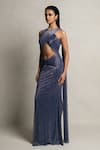 Pinup By Astha_Blue Imported Shimmer Textured Criss Cross Neck Metallic Drape Front Cut Gown _Online_at_Aza_Fashions