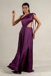 Pinup By Astha_Purple Satin Georgette Asymmetric Side Cut One Shoulder Gown _at_Aza_Fashions