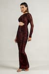 Pinup By Astha_Red Imported Shimmer Asymmetric Metallic One Sleeve Pleated Gown _Online_at_Aza_Fashions