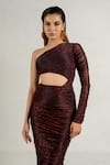 Buy_Pinup By Astha_Red Imported Shimmer Asymmetric Metallic One Sleeve Pleated Gown _Online_at_Aza_Fashions