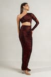 Pinup By Astha_Red Imported Shimmer Asymmetric Metallic One Sleeve Pleated Gown _at_Aza_Fashions