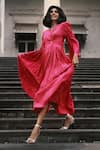 Buy_Ekastories_Pink Modal V Neck Hand Dyed Overlapping Pleated Dress _at_Aza_Fashions