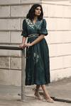 Buy_Ekastories_Emerald Green Modal Embroidery Panther V Neck Floral Overlapping Dress _at_Aza_Fashions