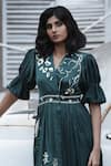 Buy_Ekastories_Emerald Green Modal Embroidery Panther V Neck Floral Overlapping Dress _Online_at_Aza_Fashions