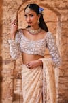 Buy_The Royaleum_Beige Saree And Blouse Net Embroidered Bead Scoop Tasnim Set _Online_at_Aza_Fashions