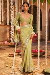 Buy_The Royaleum_Green Saree Crepe Embroidered Rainbow Ivat Floral Embellished Set  _at_Aza_Fashions