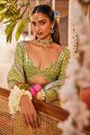 Shop_The Royaleum_Green Saree Crepe Embroidered Rainbow Ivat Floral Embellished Set  _Online_at_Aza_Fashions