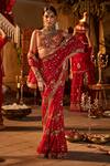 Buy_The Royaleum_Red Saree Crepe Embroidered Stone Scalloped V Dezee Embellished Set  _at_Aza_Fashions