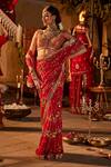 Shop_The Royaleum_Red Saree Crepe Embroidered Stone Scalloped V Dezee Embellished Set  _at_Aza_Fashions