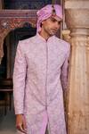 Shop_The Royaleum_Purple Silk Embroidered Thread Sherwani And Pant Set  _at_Aza_Fashions