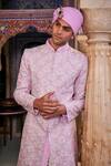 Shop_The Royaleum_Purple Silk Embroidered Thread Sherwani And Pant Set  _Online_at_Aza_Fashions