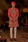 Buy_The Royaleum_Red Silk Embroidered Gota Lace Sherwani Pant Set  _at_Aza_Fashions