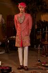 Shop_The Royaleum_Red Silk Embroidered Gota Lace Sherwani Pant Set  _at_Aza_Fashions