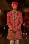 Buy_The Royaleum_Red Silk Embroidered Gota Lace Sherwani Pant Set  _Online_at_Aza_Fashions