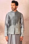 Asuka_Grey Raw Silk Embroidered Resham Work Cityscape Bundi Set _Online_at_Aza_Fashions