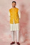 Buy_Asuka_Yellow Velvet And Cotton Silk Embroidery Floral Pattern Bundi Kurta Set _at_Aza_Fashions