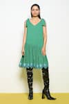 Buy_Pooja Rajgarhia Gupta_Green Georgette Sequins V-neck Honeycomb Checkered Print Dress _at_Aza_Fashions
