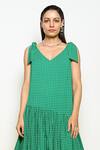 Shop_Pooja Rajgarhia Gupta_Green Georgette Sequins V-neck Honeycomb Checkered Print Dress _at_Aza_Fashions