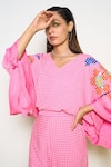 Buy_Pooja Rajgarhia Gupta_Pink Crepe, Georgette Sequins, Embroidery V-neck Butterfly Print Shirt _at_Aza_Fashions