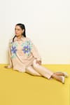 Buy_Pooja Rajgarhia Gupta_Beige Satin Printed Checkered Collar Kimono Shirt _at_Aza_Fashions