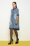 Buy_Pooja Rajgarhia Gupta_Blue Denim Chequered Sequin Studs Collared Neck Firefly Dress_at_Aza_Fashions