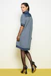 Shop_Pooja Rajgarhia Gupta_Blue Denim Chequered Sequin Studs Collared Neck Firefly Dress_at_Aza_Fashions
