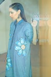 Shop_Pooja Rajgarhia Gupta_Blue Denim Chequered Sequin Studs Collared Neck Firefly Dress_Online_at_Aza_Fashions