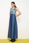 Buy_Pooja Rajgarhia Gupta_Blue Denim Hand Embroidery Sequin Studs Square Neck Bodice Maxi Dress_at_Aza_Fashions