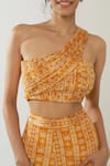 Buy_Essay by Sumedha Agrawal_Yellow Natural Crepe Printed Lotus Stripe One Shoulder Blouse And Pant Set _Online_at_Aza_Fashions