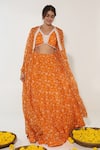 Buy_Essay by Sumedha Agrawal_Orange Organza Printed And Hand Embroidered Lotus Vine Cape Lehenga Set _at_Aza_Fashions