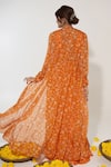 Shop_Essay by Sumedha Agrawal_Orange Organza Printed And Hand Embroidered Lotus Vine Cape Lehenga Set _at_Aza_Fashions