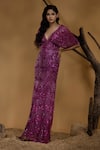 Ambrosia_Pink Shell  100% Nylon Mesh Hand Embellished Sequins Deep V Abstract Gown _Online_at_Aza_Fashions