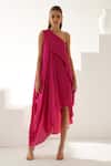 Buy_Wear Jaja_Pink Modal One Shoulder High-low Solid Draped Dress _Online_at_Aza_Fashions