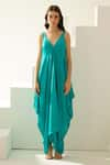 Buy_Wear JaJa_Blue Modal Solid V Neck Asymmetrical Maxi Dress  _at_Aza_Fashions