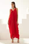 Buy_Wear JaJa_Red Modal Solid V Neck Draped Maxi Dress  _at_Aza_Fashions