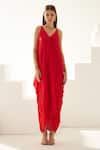 Wear JaJa_Red Modal Solid V Neck Draped Maxi Dress  _Online_at_Aza_Fashions