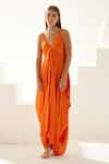 Wear JaJa_Orange Modal Solid V Neck Draped Maxi Dress  _Online_at_Aza_Fashions