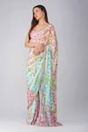 Shop_Devyani Mehrotra_Pink Saree Crepe Printed And Embellished Leaf Pre-stitched & Blouse Set _Online_at_Aza_Fashions