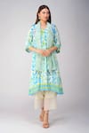 Buy_Devyani Mehrotra_Blue Crepe Printed And Embellished Leaf Kurta V Neck Pleated Set _at_Aza_Fashions