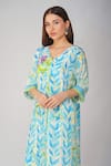 Buy_Devyani Mehrotra_Blue Crepe Printed And Embellished Leaf Kurta V Neck Pleated Set _Online_at_Aza_Fashions