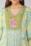 Buy_Devyani Mehrotra_Yellow Crepe Printed And Embellished Leaf V Neck Gathered Tunic & Pant Set _Online_at_Aza_Fashions